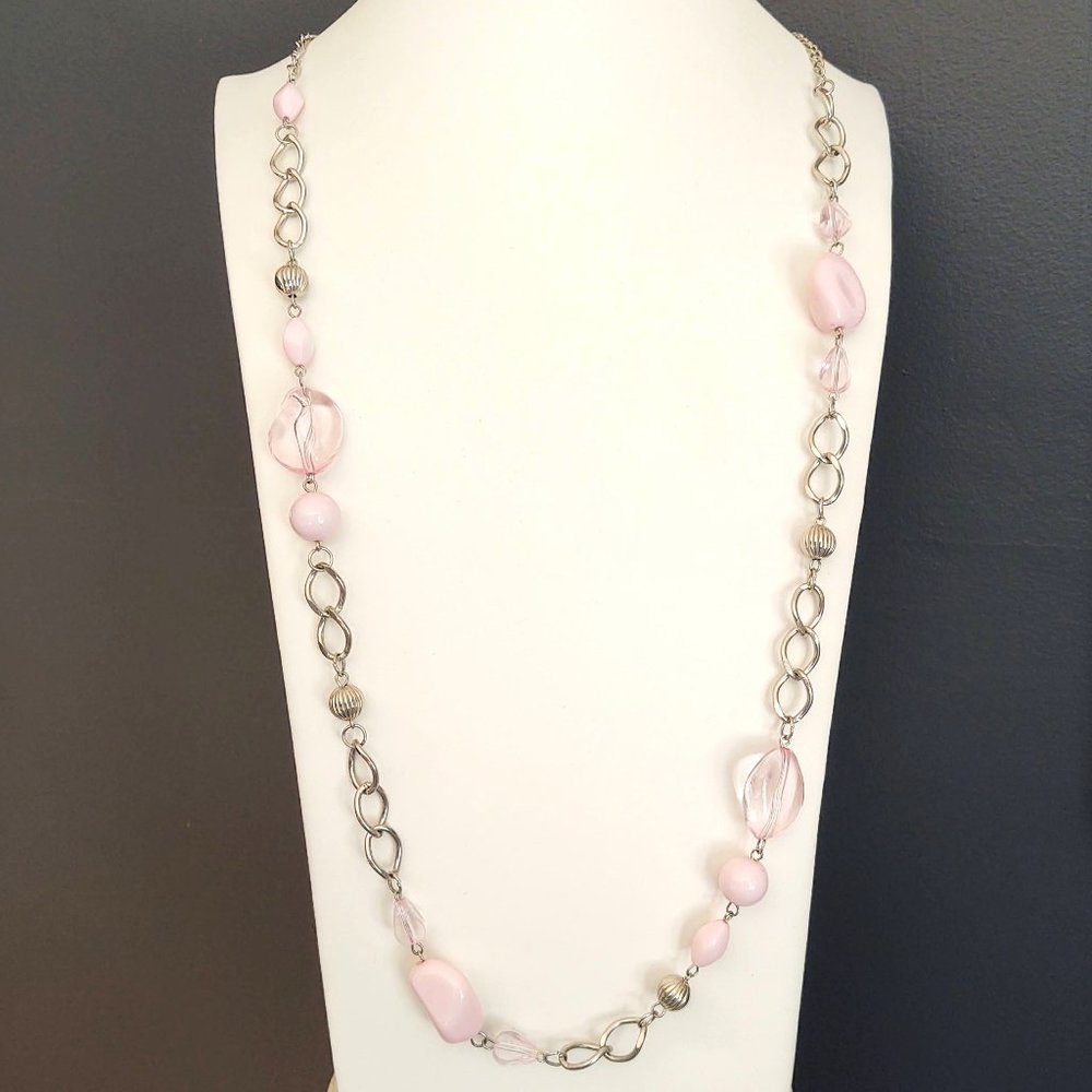 Long silver chain necklace with pink beads